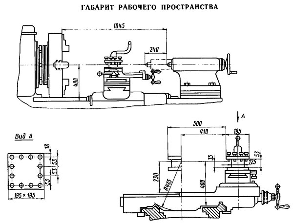 1Н983 Габаритні розміри робочого простору трубонарізного верстата